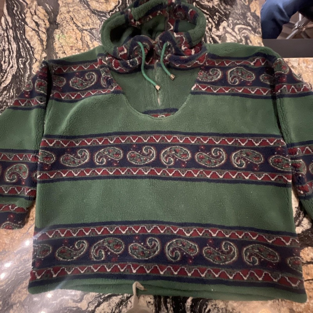 VTG Express Quarter Zip Fleece Green Geometric Paisley Winter L‎ 90s Oversized - Picture 4 of 11